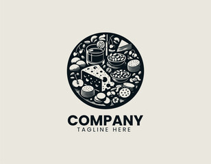 Fototapeta premium Elegant Monochrome Breakfast Meal Design Presented on a Round Plate with Utensils and Food Items Vector Logo Illustration