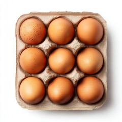Nine fresh brown eggs nestled in a cardboard container, seen from a high-angle perspective. The eggs are of varying shades of brown