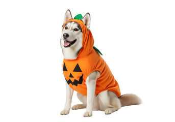 Siberian Husky dog wearing orange Halloween pumpkin costume with jack-o'-lantern face design, sitting happily, isolated on white or transparent background. PNG