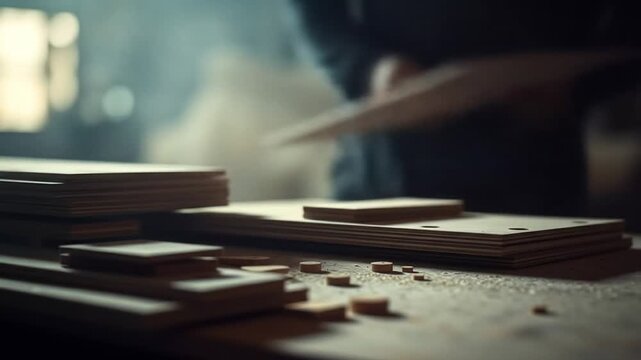 Close up of wooden planks on a surface with soft lighting and blurred background