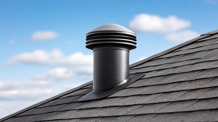 Roof vent pipe installed on a sloped shingle roof, showcasing modern design and functionality, with a clear blue sky and fluffy clouds in the background, enhancing the architectural appeal of the stru
