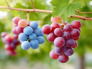Close Up Photo Of Fresh Red And Blue Grapes On A Vine In Soft Sunlight With Green Leaves And Blurred Background