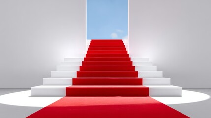 Fototapeta premium Red carpet staircase leading to an open window with blue sky, illuminated by soft lighting, creating an inviting atmosphere for events, celebrations, or award ceremonies, symbolizing success and achie