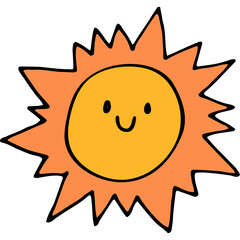 Cheerful Hand Drawn Sun Character With Orange Rays and Yellow Face Smiling Brightly Against a White Background