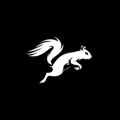 Dynamic white squirrel silhouette leaping on a solid black background, a minimalist graphic design for nature, wildlife, and energy concepts.