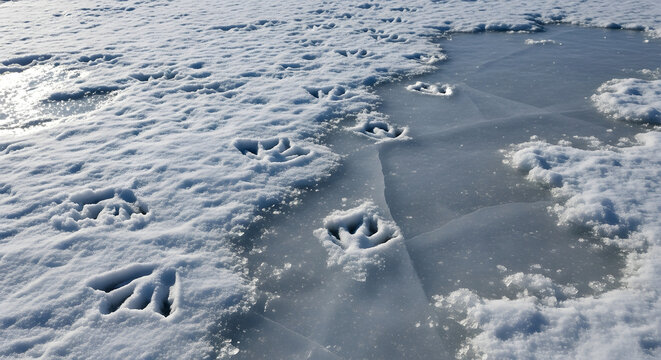 webbed footprints snow ice winter nature scene