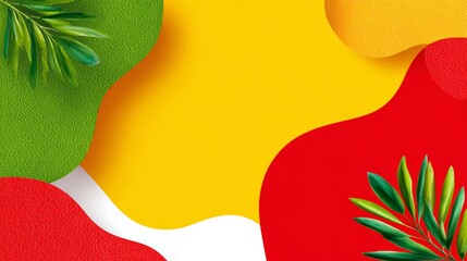 Colorful abstract illustration featuring vibrant green, yellow, red, and white shapes with tropical leaves, creating a lively and dynamic composition suitable for modern design projects and creative b