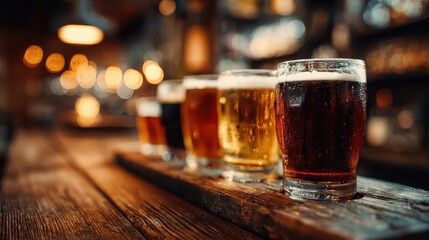 Craft beer flight sits on a rustic wooden bar top in a cozy pub. Use for brewery promotions, bar menus, or beverage-related content.