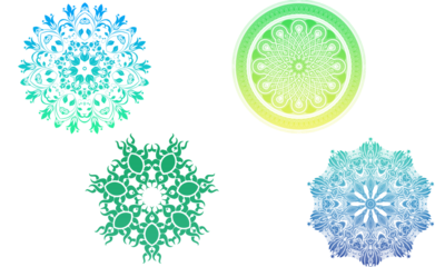 Four intricate gradient mandala designs on a black backdrop offer visual appeal on transparent background