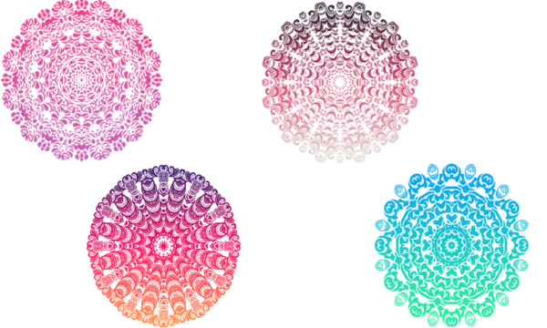 Colorful mandalas arranged creating a vibrant pattern on transparent background