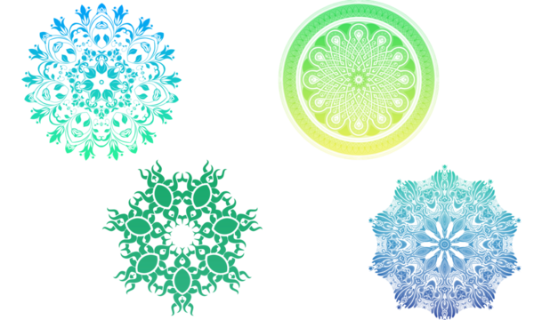 Four intricate gradient mandala designs on a black backdrop offer visual appeal on transparent background