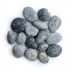 An assortment of smooth, gray stones arranged together. The stones showcase a range of subtle textures and tones, creating a visually interesting composition