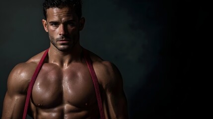 Fototapeta premium A fit muscular man with sweat on his body looking intently with red straps around his shoulders against a dark smoky background