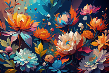 Fototapeta premium Vibrant Oil Painting of Colorful Abstract Floral Blooms on Canvas
