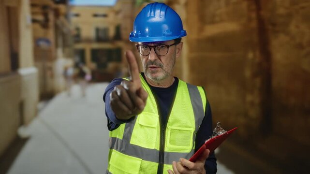 Man wearing safety vest and hard hat makes a stop gesture with urban street in background