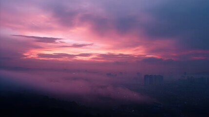 Fototapeta premium A dramatic sunrise casts vibrant pink and purple hues over a foggy city skyline at dawn