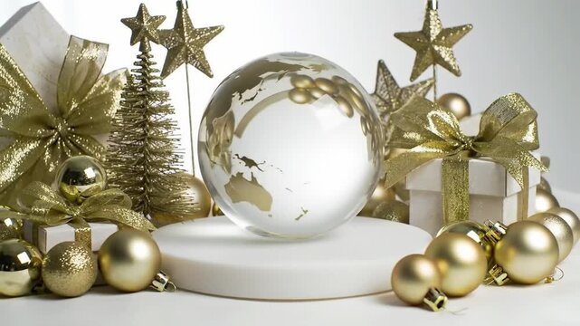 3d render of an empty snow globe with christmas ornaments gifts presents in gold and white, a festive product placement on a platform. A glass sphere on a podium. Happy New Year Merry Christmas ... Se