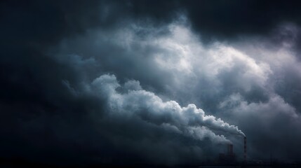 Obraz premium Industrial smokestacks release dark plumes of smoke into an ominous overcast sky symbolizing pollution