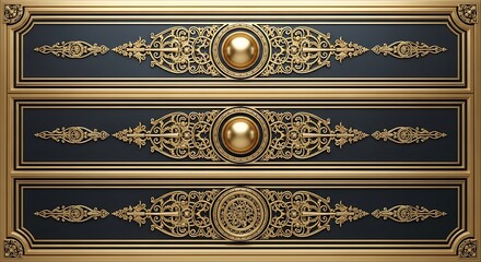 Ornate gold decorative panels with intricate scrollwork and circular motifs on a dark background image