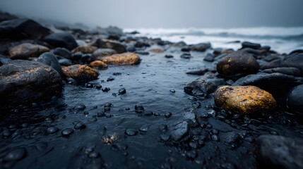 Fototapeta premium A dark rocky shoreline with wet stones glistening in shallow water under an overcast sky