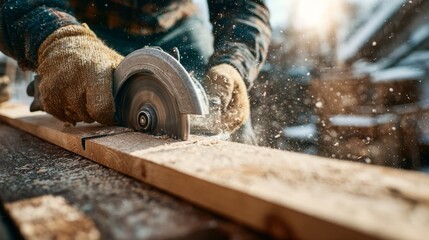 Woodworking with Circular Saw on Wooden Plank in Outdoor Workshop