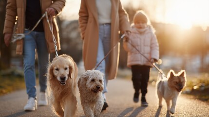 Walking dogs during sunset with family in a park on a chilly day
