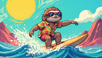 Cheerful cartoon sloth mascot wearing a Hawaiian shirt and sunglasses while surfing on a yellow board under a bright blue sky and sun, excellent for summer travel promotion, vacation apparel design,