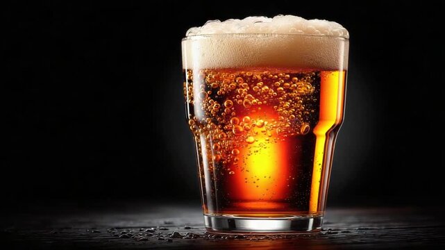A pint of amber-colored liquid with a thick foamy head, filled with bubbles, against black background