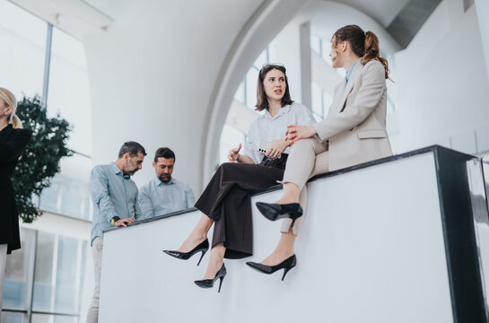 Coworkers and leaders socialize in a bright atrium. Two men chat at the railing while three women converse, illustrating teamwork, networking, and workplace collaboration in a corporate setting.