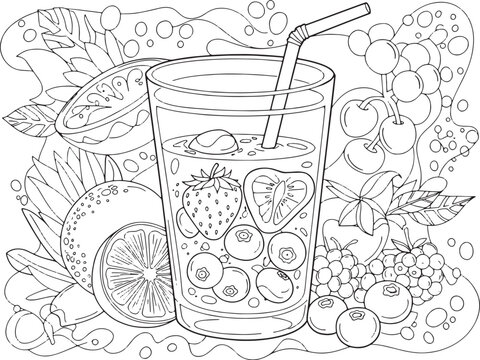 Whimsical fruit juice coloring page with citrus, berries and tro