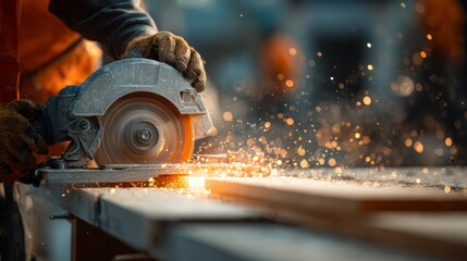 Circular Saw in Action Creating Sparks on Construction Site