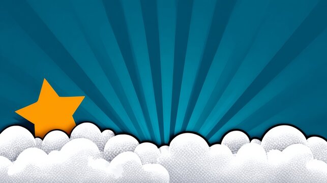 Colorful flat illustration featuring a bright orange star peeking out from fluffy white clouds against a vibrant blue background with radiating rays, creating a cheerful and uplifting atmosphere