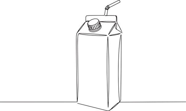 Minimalist contour drawing of juice box with straw, simple bever