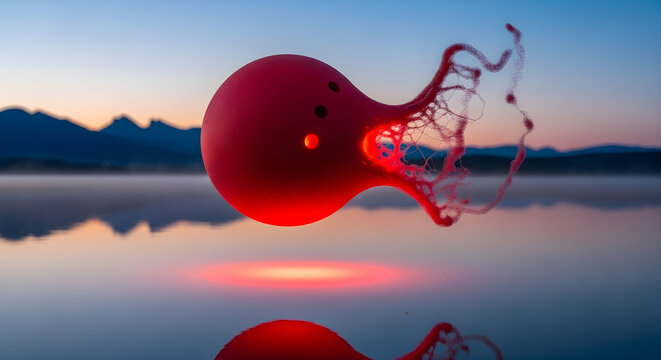 Abstract Red Sphere Hovering Over Water at Twilight | Conceptual Futuristic Object Reflecting in Lake for Technology, Innovation and Science Visualizations