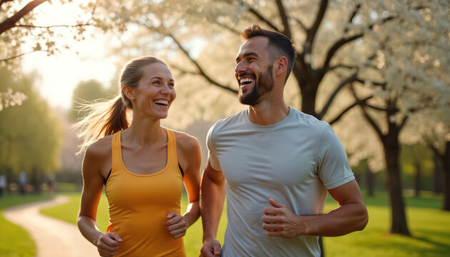 Happy couple run together in park. Smiling man and woman jog in green spring sunny weather. They enjoy sport activity outdoors. Active lifestyle concept.