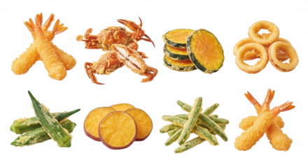 Assorted fried seafood and vegetables isolated on a transparent background