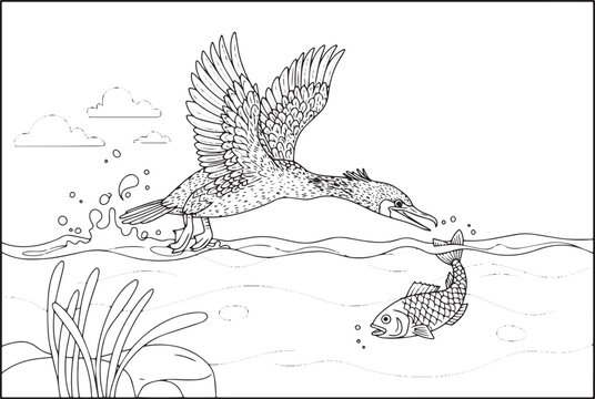 Black and white illustration of a bird hunting a fish in the oce