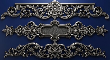 Fototapeta premium Ornate silver decorative elements with floral and scrollwork designs on a dark blue background metal