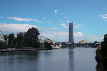 Obraz premium Panoramic view at the city of Seville from Guadalquivir river, Andalusia, Spain