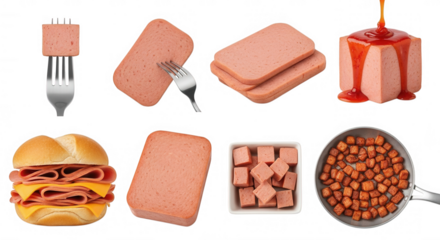 Processed meat slices cubes and sandwich isolated on a transparent background