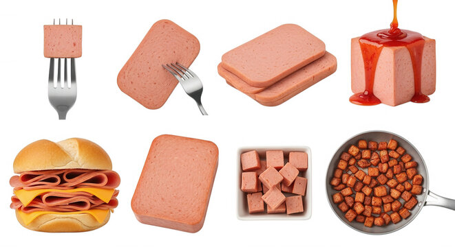 Processed meat slices cubes and sandwich isolated on a transparent background
