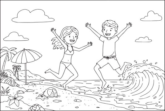 Outlined illustration of joyful couple leaping on a tropical bea