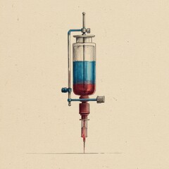A vintage-style illustration of a syringe with red and blue fluid, showcasing medical equipment and historical design elements.