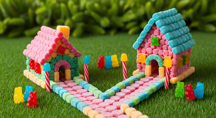 Candy Houses Made of Colorful Sweets on Green Grass | Whimsical Gummy Bear Houses for Kids Crafts and Confectionery Marketing