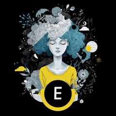 A stylized illustration of a woman with blue hair, surrounded by whimsical elements like clouds, plants, and abstract shapes, conveying a dreamy aesthetic.
