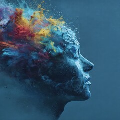 A surreal image of a profile with an explosion of colorful hues representing creativity and imagination.