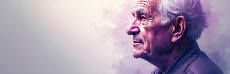Elderly man in profile, head and shoulders view. Worn face, grey hair suggest aging. Soft purple cloud background, ample copy space for text. Symbol of Alzheimer awareness month.