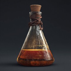A vintage laboratory flask filled with a dark liquid, featuring a cork stopper and measurements, set against a dark background.