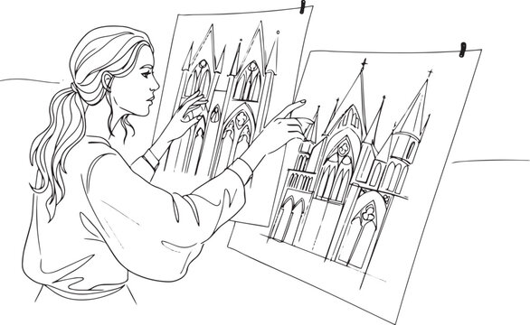 Architectural journey woman meticulously reviewing blueprint ske