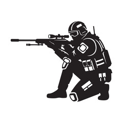 Silhouette of Armed Soldier Sniper in Tactical Gear Aiming Rifle – Military and Combat Concept
